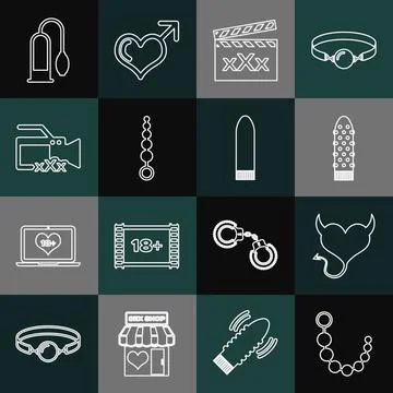 Set line Anal beads, Devil heart with horns, Dildo vibrator, Movie clapper Sex Ilustración de archivo