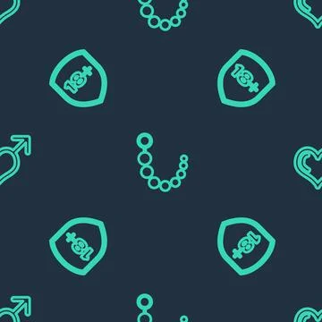 Set line Anal beads, Shield with 18 plus and Male gender and heart on seamless Stock Illustration