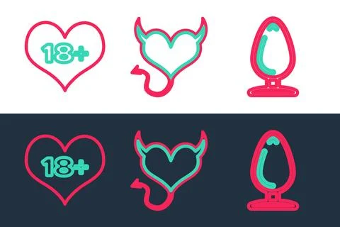 Set line Anal plug, 18 plus content heart and Devil with horns icon. Vector 스톡 일러스트