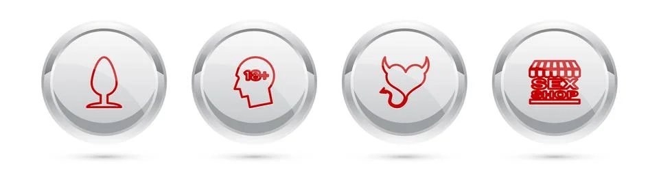 Set line Anal plug, Head with 18 plus, Devil heart horns and Sex shop building Stockillustratie