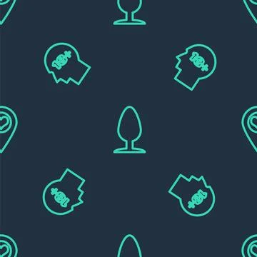 Set line Anal plug, Head with 18 plus and Location heart on seamless pattern Stock Illustration