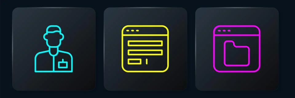 Set line Analyst engineer, Browser files and window. Black square button. V.. Stock Illustration