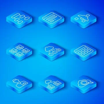 Set line Analyst engineer, Cloud technology data transfer, Browser files, F.. Stock Illustration