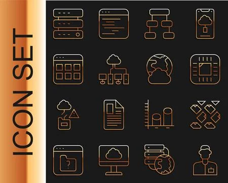 Set line Analyst engineer, Data stream, Processor with CPU, Hierarchy organ.. Stock Illustration