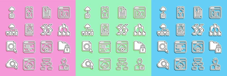 Set line Analyst engineer, Folder and lock, tree, File document, Hard disk .. Illustrazione stock