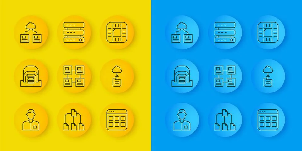 Set line Analyst engineer, Hangar with servers, Hierarchy organogram chart 스톡 일러스트
