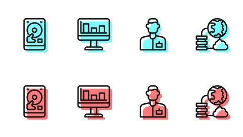Set line Analyst engineer, Hard disk drive HDD, Monitor with graph chart and イラスト素材