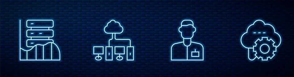 Set line Analyst engineer, Server, Data, Web Hosting, Computer network and Cloud Stock Illustration