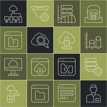 Set line Analyst engineer, Server and gear, Data analysis, Server, Data, Web Stock Illustration