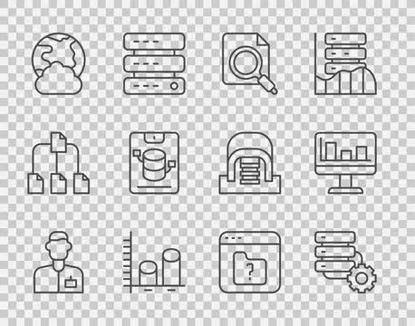 Set line Analyst engineer, Server and gear, Search concept with folder, Dat.. Illustrazione stock