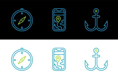 Set line Anchor, Compass and City map navigation icon. Vector Stock Illustration