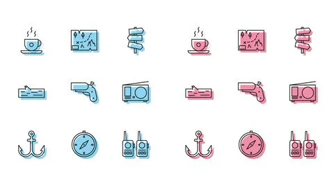 Set line Anchor, Compass, Coffee cup, Walkie talkie, Flare gun pistol, Radio Stock Illustration