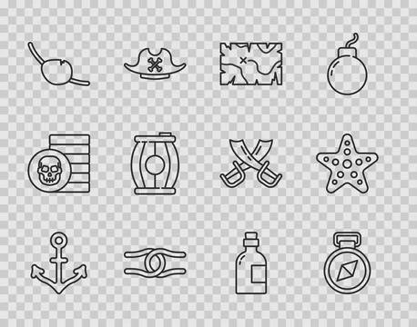 Set line Anchor, Compass, Pirate treasure map, Rope tied in knot, eye patch,  Illustrazione stock