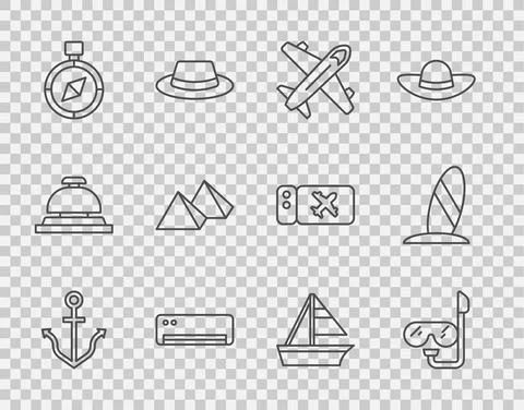 Set line Anchor, Diving mask and snorkel, Plane, Air conditioner, Compass, Egypt Stock Illustration
