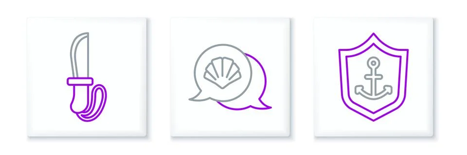 Set line Anchor inside shield, Knife and Scallop sea shell icon. Vector Stock Illustration