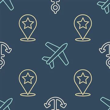 Set line Anchor, Map pointer with star and Plane on seamless pattern. Vector Illustrazione stock