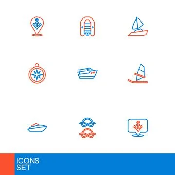 Set line Anchor, Nautical rope knots, Speedboat, Windsurfing, Compass, Yach.. Stock Illustration