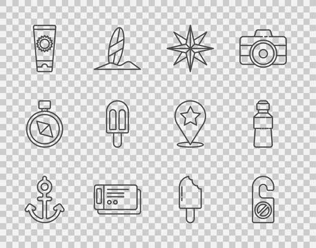 Set line Anchor, Please do not disturb, Wind rose, Travel ticket, Sunscreen.. Stock Illustration