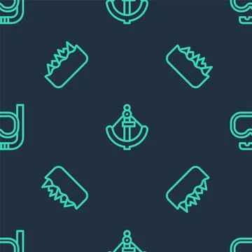 Set line Anchor, Sharp stone reefs and Diving mask and snorkel on seamless Stock Illustration