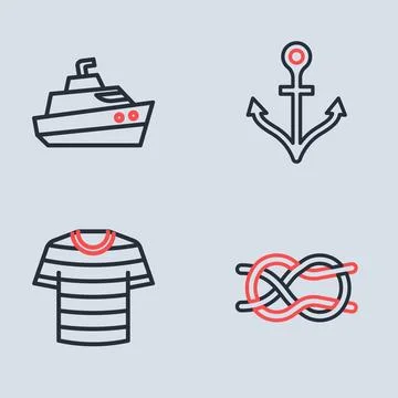 Set line Anchor, Striped sailor t-shirt, Nautical rope knots and Speedboat .. Stock Illustration