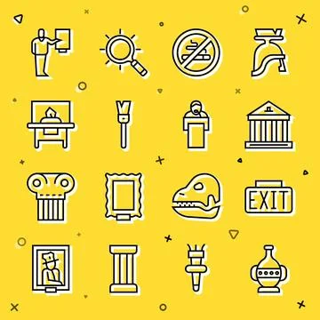 Set line Ancient amphorae, Exit sign, Museum building, No Smoking, Paint brush Stock-Illustration