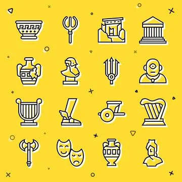 Set line Ancient bust sculpture, Harp, Cyclops, ruins, Broken amphorae, Greek Ilustración de archivo