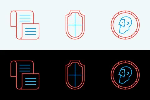 Set line Ancient coin, Decree, parchment, scroll and Shield icon. Vector Illustrazione stock
