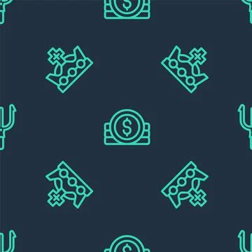 Set line Ancient coin, King crown and Neptune Trident on seamless pattern Stock Illustration