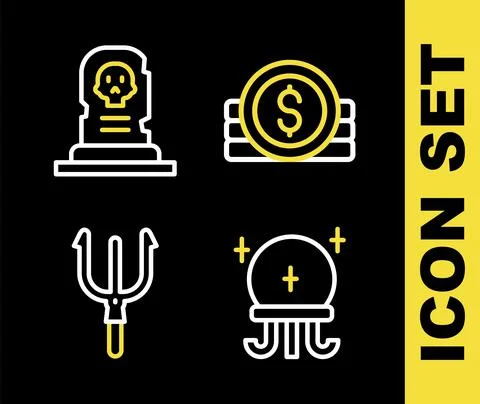 Set line Ancient coin, Magic ball, Neptune Trident and Grave with tombstone icon Stock Illustration