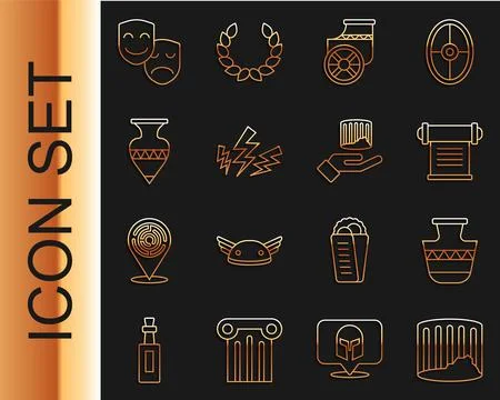 Set line Ancient column, amphorae, Decree, parchment, scroll, chariot, Zeus Ilustración de archivo