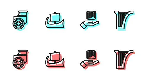 Set line Ancient column, chariot, Greek trireme and Harp icon. Vector Stock Illustration