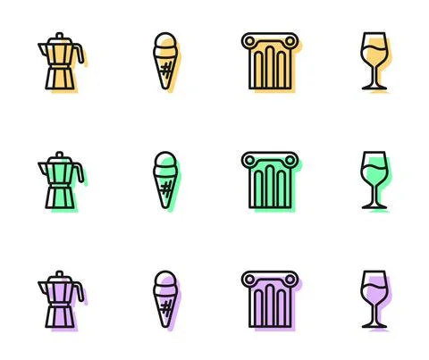 Set line Ancient column, Coffee maker moca pot, Ice cream in waffle and Wine Stock Illustration