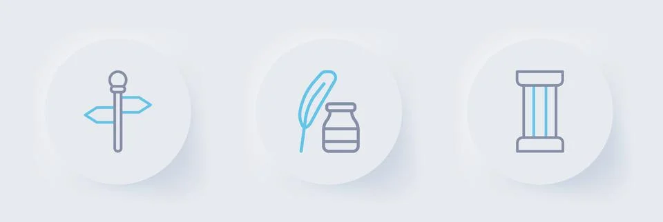 Set line Ancient column, Feather and inkwell and Road traffic signpost icon.. Stock Illustration