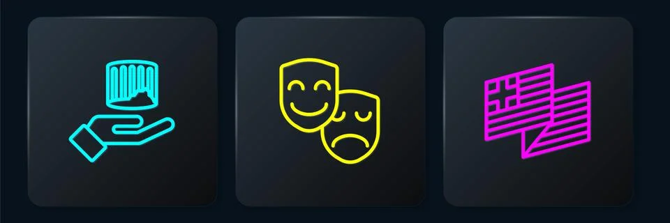 Set line Ancient column, Greece national flag and Comedy and tragedy masks 스톡 일러스트