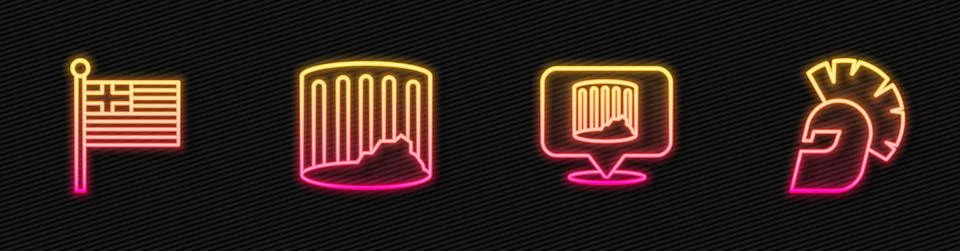 Set line Ancient column, Greece national flag, and Greek helmet. Glowing neon Stockillustratie