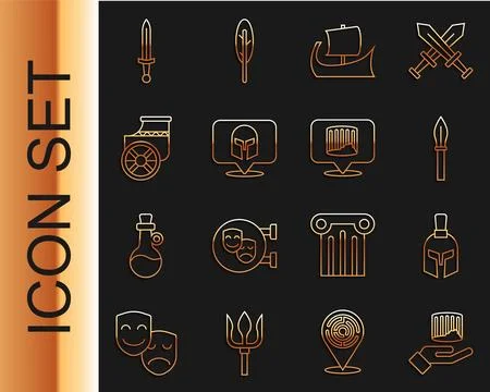 Set line Ancient column, Greek helmet, Medieval spear, trireme, chariot, sw.. Stock Illustration