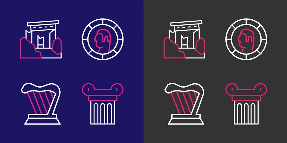 Set line Ancient column, Harp, Greek coin and ruins icon. Vector Ilustración de archivo