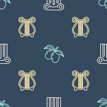 Set line Ancient column, lyre and Olives branch on seamless pattern. Vector Stock Illustration
