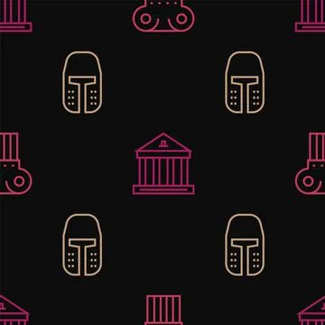 Set line Ancient column, Medieval iron helmet and Museum building on seamless Ilustración de archivo