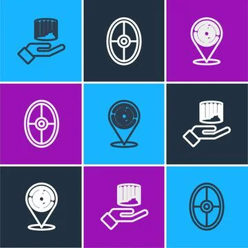 Set line Ancient column, Minotaur labyrinth and Greek shield icon. Vector Ilustración de archivo