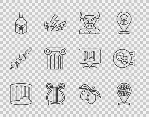 Set line Ancient column, Minotaur labyrinth, lyre, Greek helmet, Olives branch Ilustración de archivo