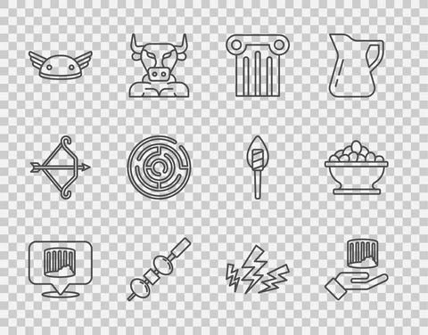 Set line Ancient column, Olive and cheese on chopstick, Helmet with wings Ilustración de archivo