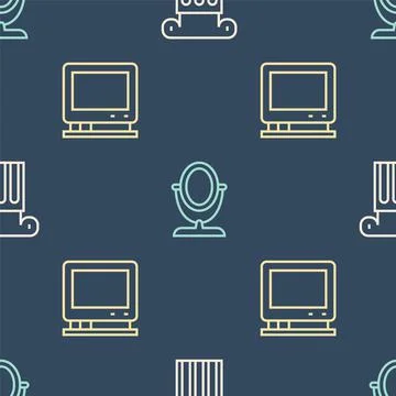 Set line Ancient column, Retro tv and Round makeup mirror on seamless pattern Stock Illustration