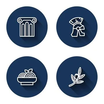Set line Ancient column, Roman army helmet, Pasta spaghetti and Olives branch Ilustración de archivo