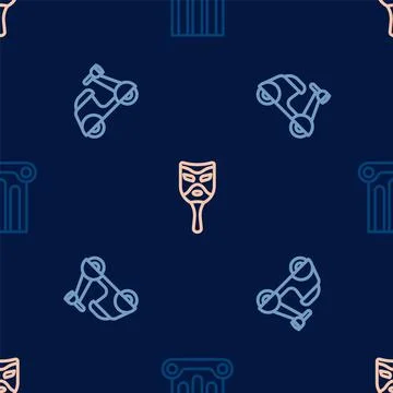 Set line Ancient column, Scooter and Carnival mask on seamless pattern. Vector Illustrazione stock