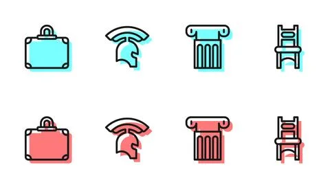 Set line Ancient column, Suitcase, Roman army helmet and Chair icon. Vector Ilustración de archivo