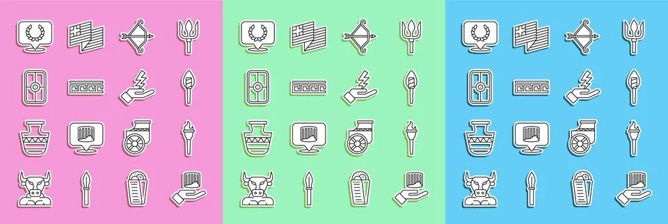 Set line Ancient column, Torch flame, Medieval bow with arrow, Greek pattern Stock Illustration