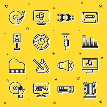 Set line Ancient Greek lyre, Computer with music note, Music equalizer Stock Illustration