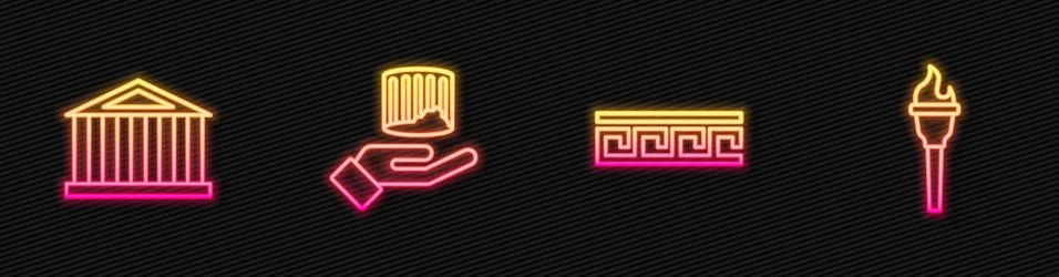 Set line Ancient Greek pattern, Parthenon, column and Torch flame. Glowing neon Illustrazione stock