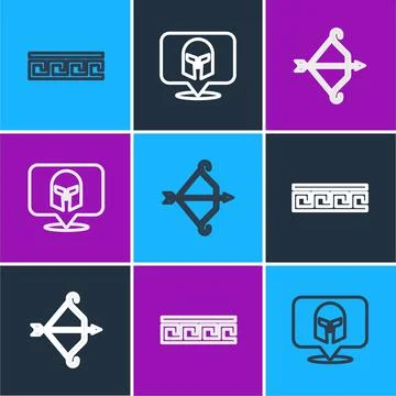 Set line Ancient Greek pattern, Medieval bow with arrow and helmet icon. Vector イラスト素材